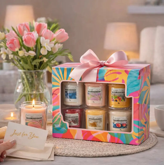 Yankee Candle Gift Set - 6pcs| Candles gift set featuring 6 x 49g Yankee votives including Soft Cotton, Pink Island Sunset and Exotic Fruits, perfect for bedroom decor, relaxation and creating a warm scented home atmosphere. Littlegiftscompany